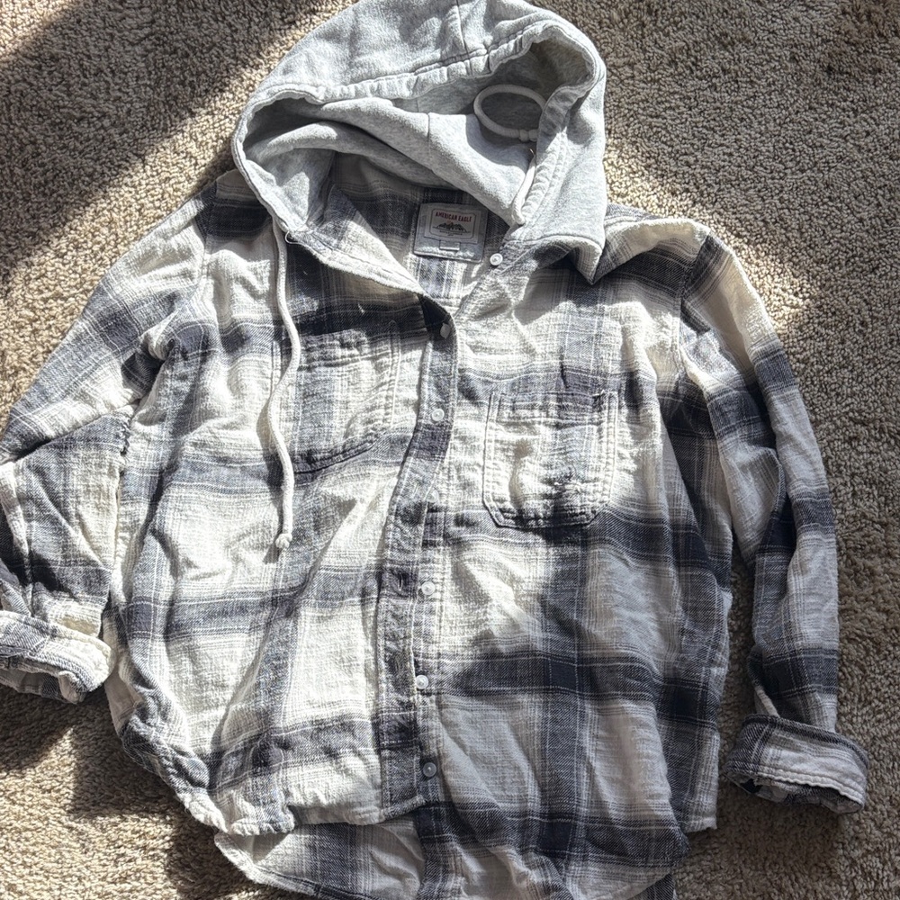 American Eagle Outfitters Hooded Plaid Shirt - black/white
